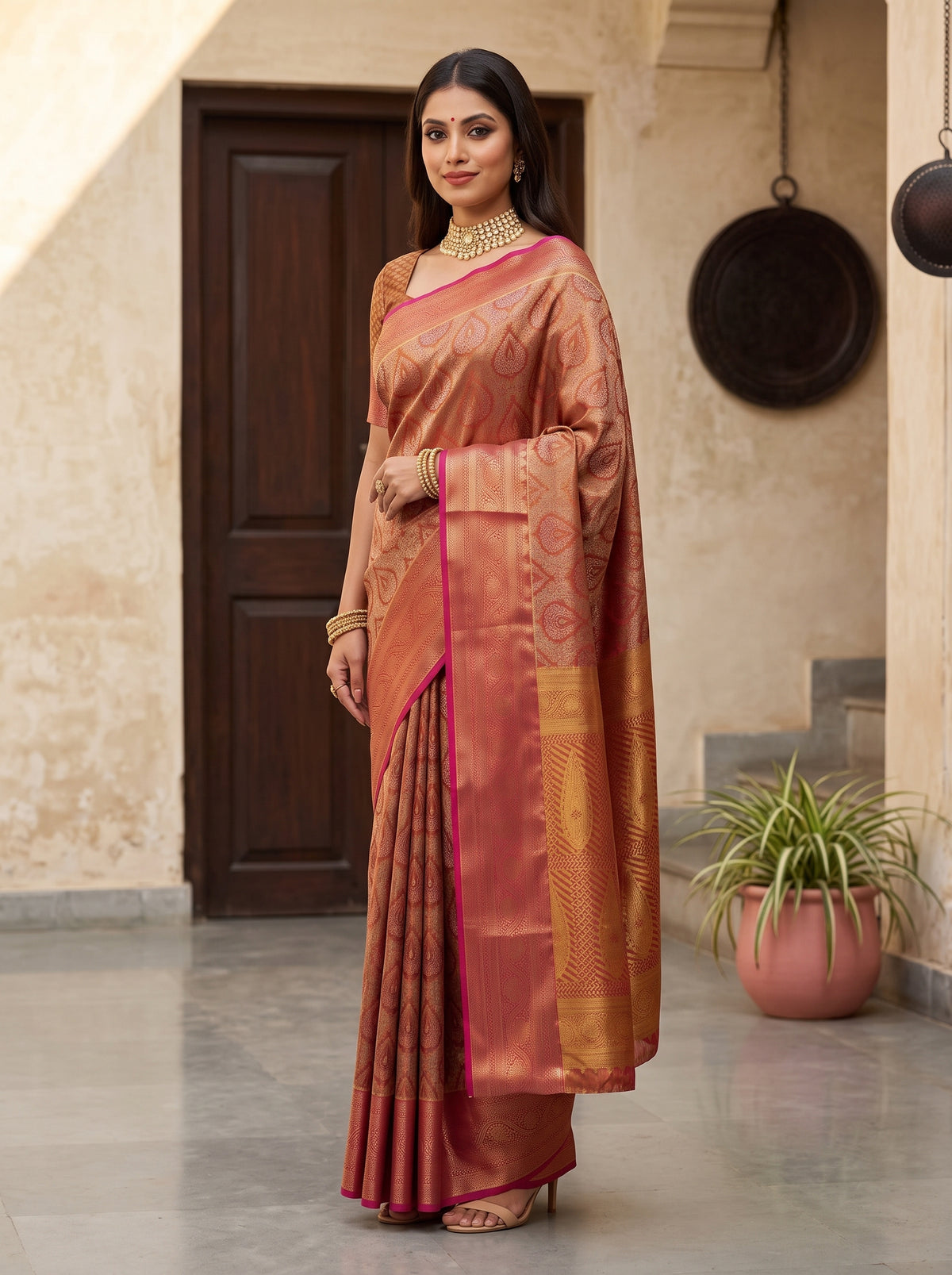 MIMOSA Maroon Kanjivaram Saree — pose 3 styling detail