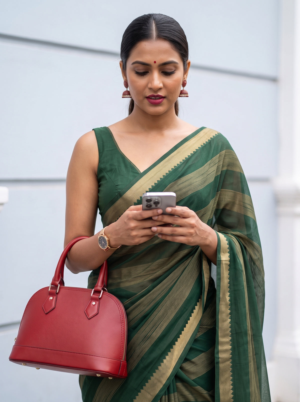 MIMOSA Bottle Green Mysore Silk Crepe Saree — pose 10 styling detail