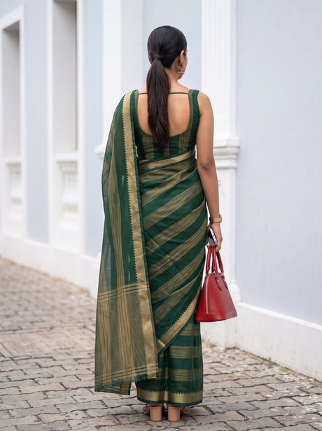 MIMOSA Bottle Green Mysore Silk Crepe Saree — Saree shot pallu and body