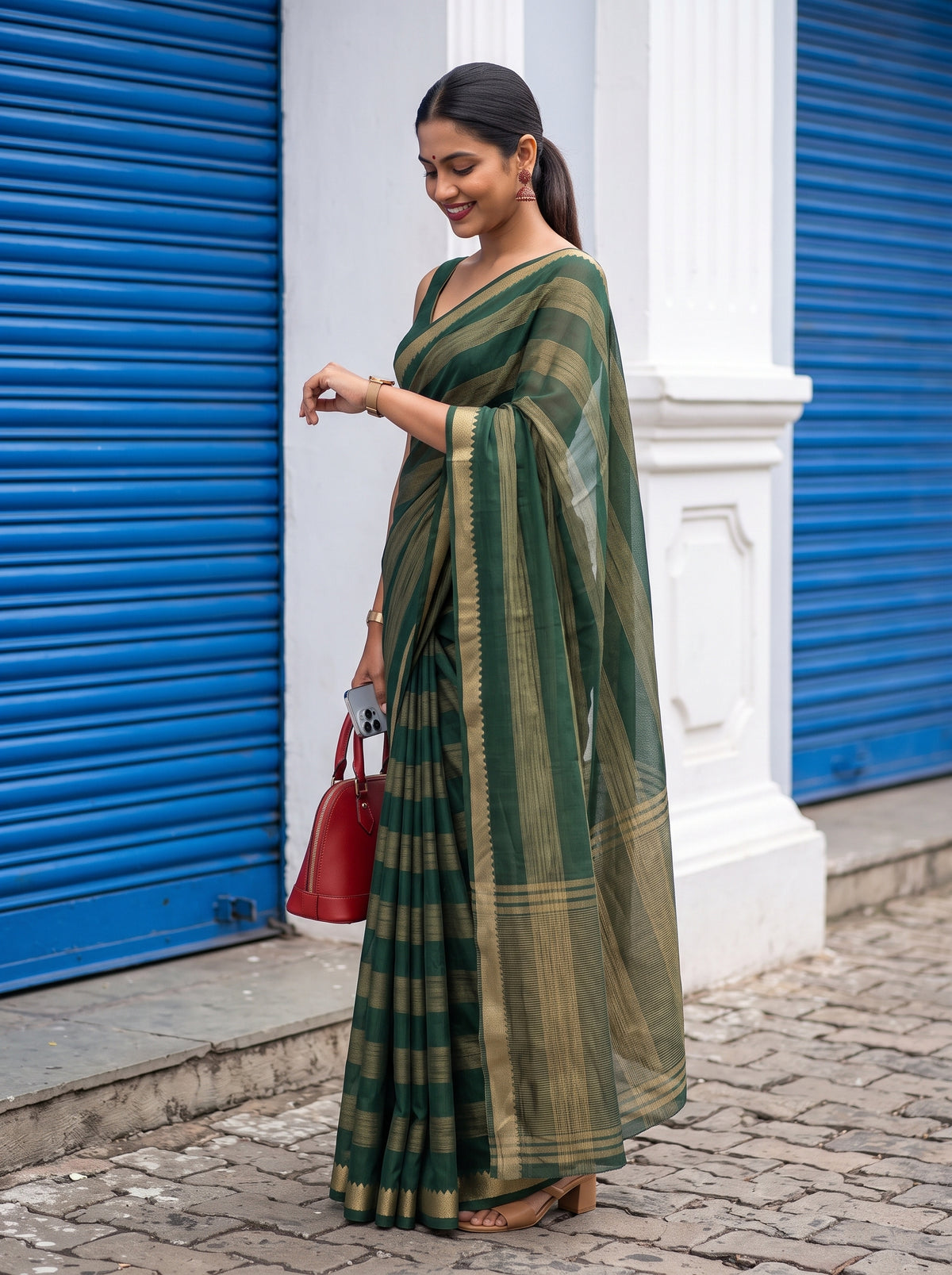 MIMOSA Bottle Green Mysore Silk Crepe Saree — pose 3 styling detail