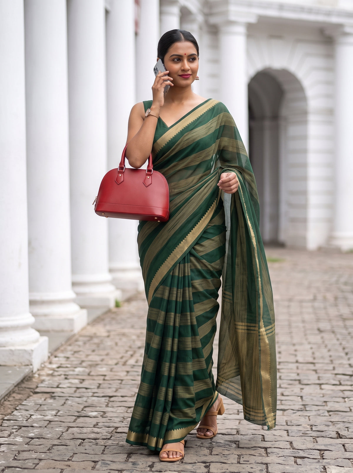 MIMOSA Bottle Green Mysore Silk Crepe Saree — pose 5 styling detail