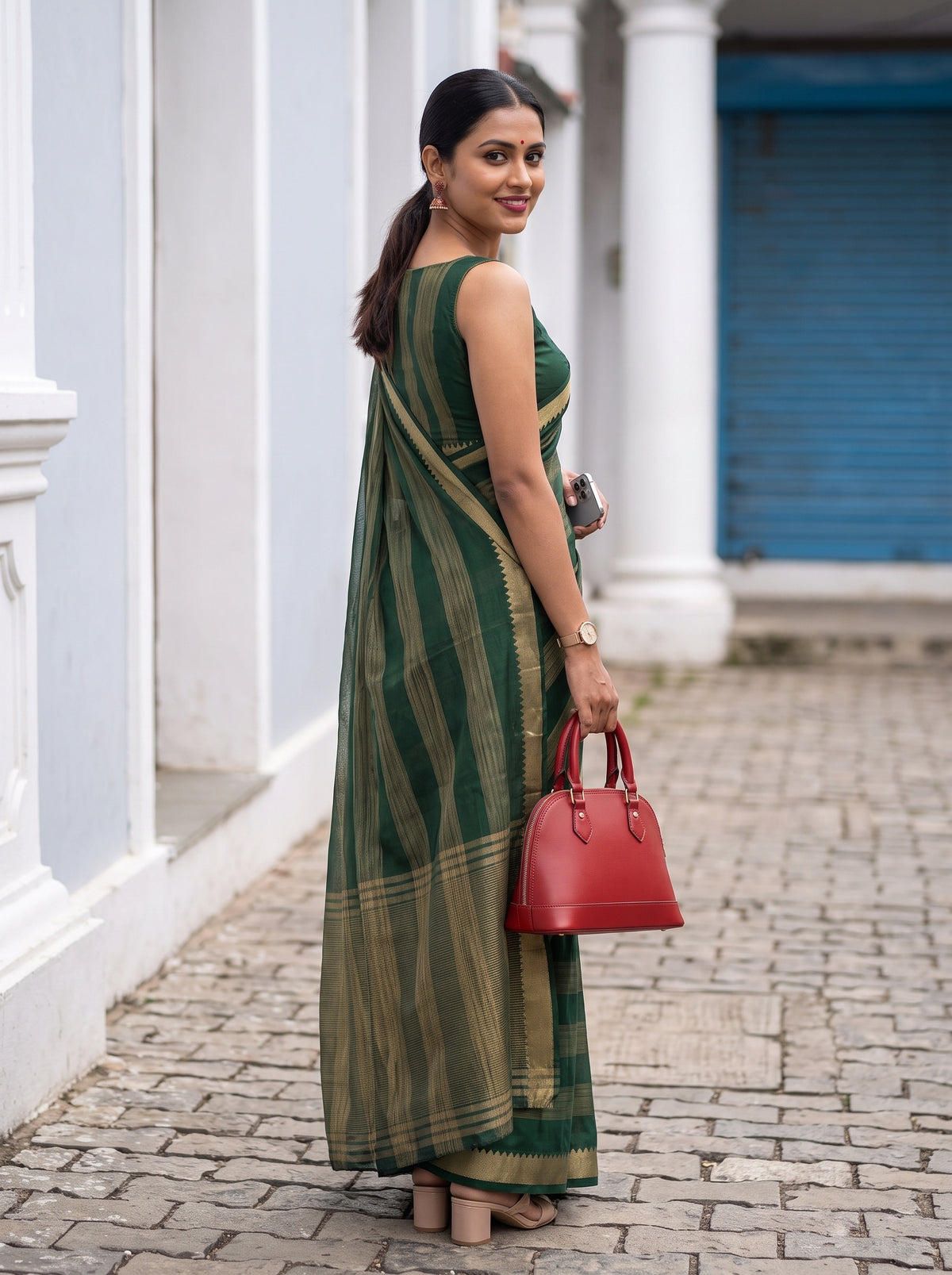 MIMOSA Bottle Green Mysore Silk Crepe Saree — pose 7 styling detail