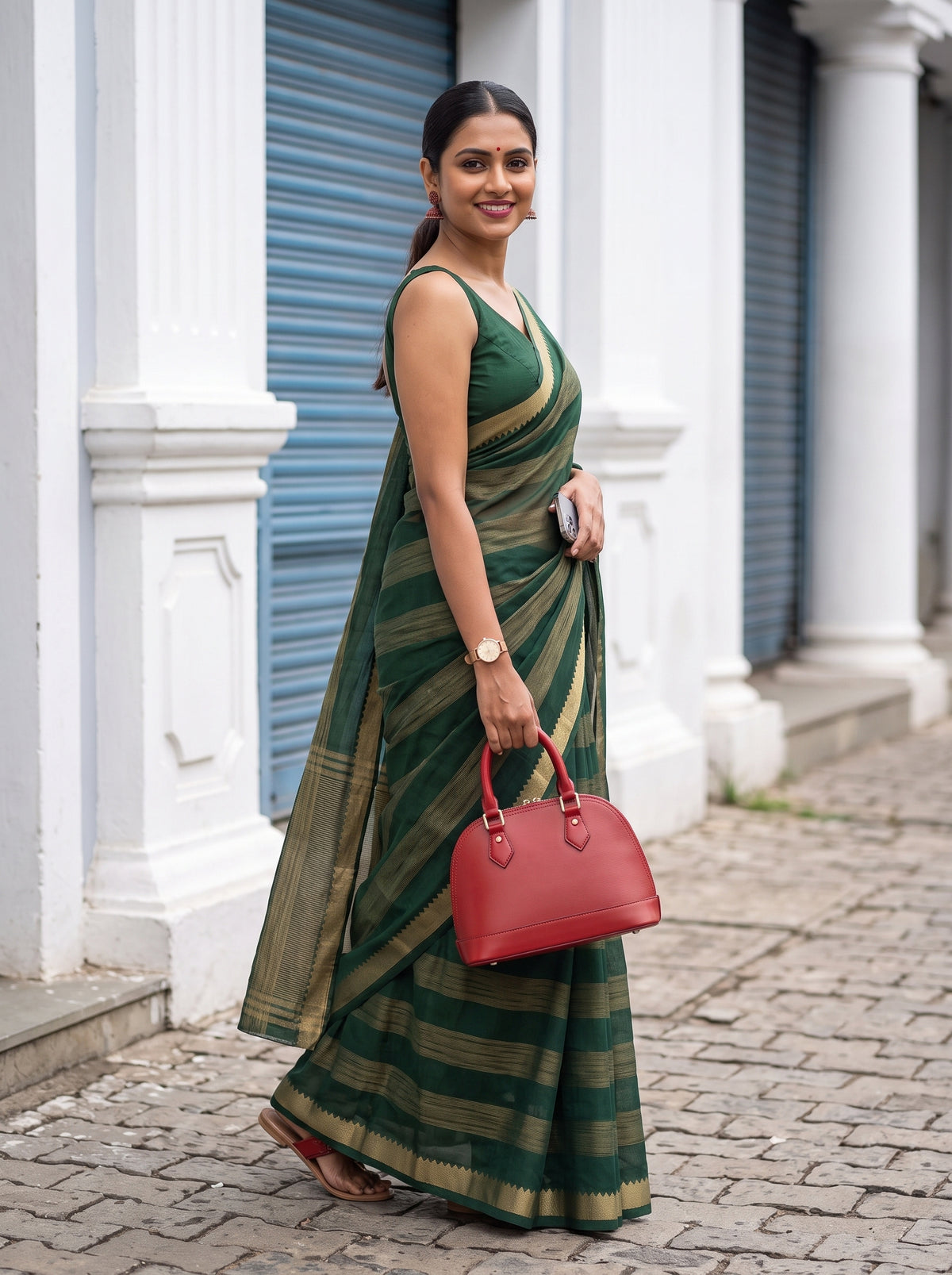 MIMOSA Bottle Green Mysore Silk Crepe Saree — pose 9 styling detail