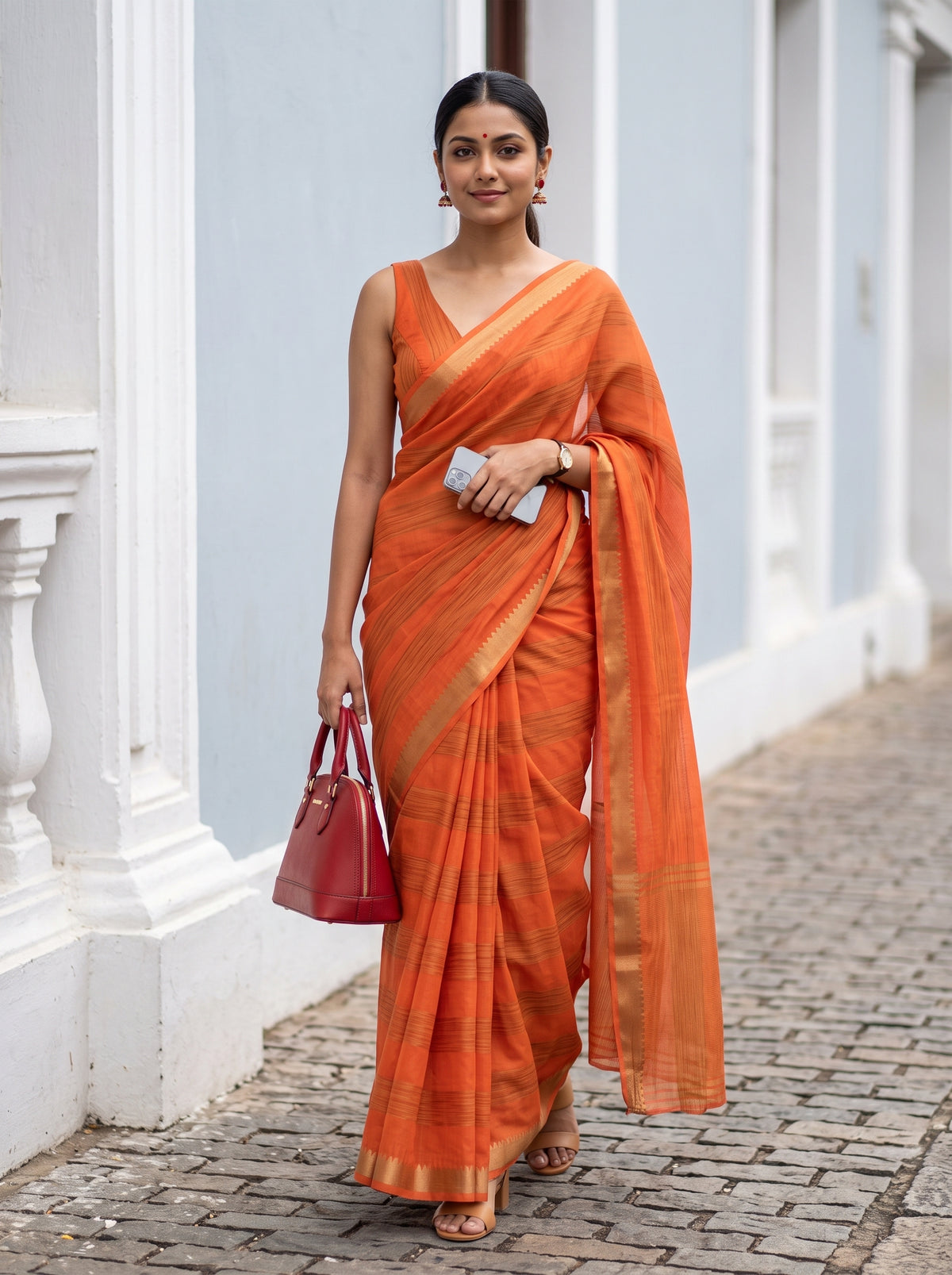 MIMOSA Peach Mysore Silk Crepe Saree — AI model lifestyle pose
