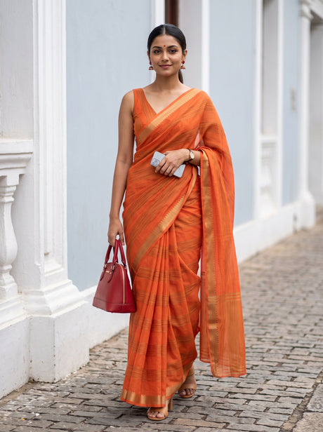MIMOSA Peach Mysore Silk Crepe Saree — AI model lifestyle pose