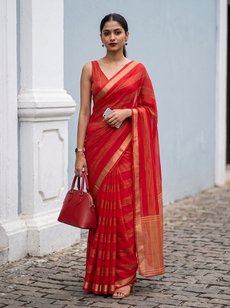 MIMOSA Red Mysore Silk Crepe Saree — AI model lifestyle pose
