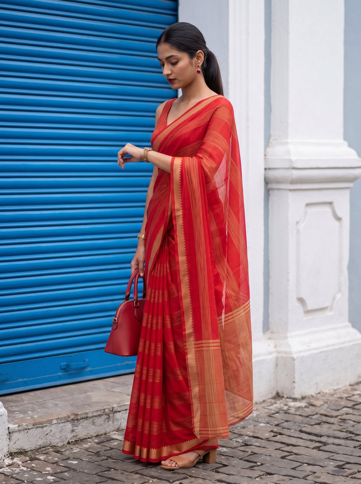 MIMOSA Red Mysore Silk Crepe Saree — pose 3 styling detail