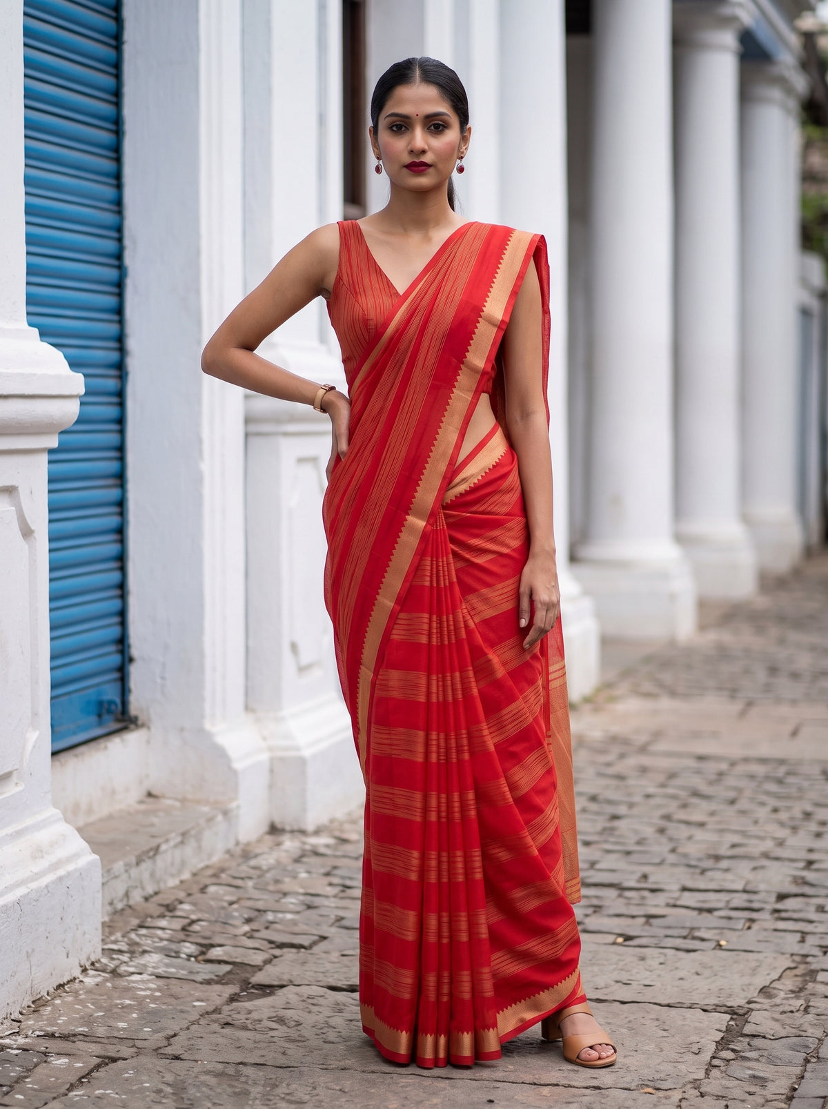 MIMOSA Red Mysore Silk Crepe Saree — pose 4 styling detail