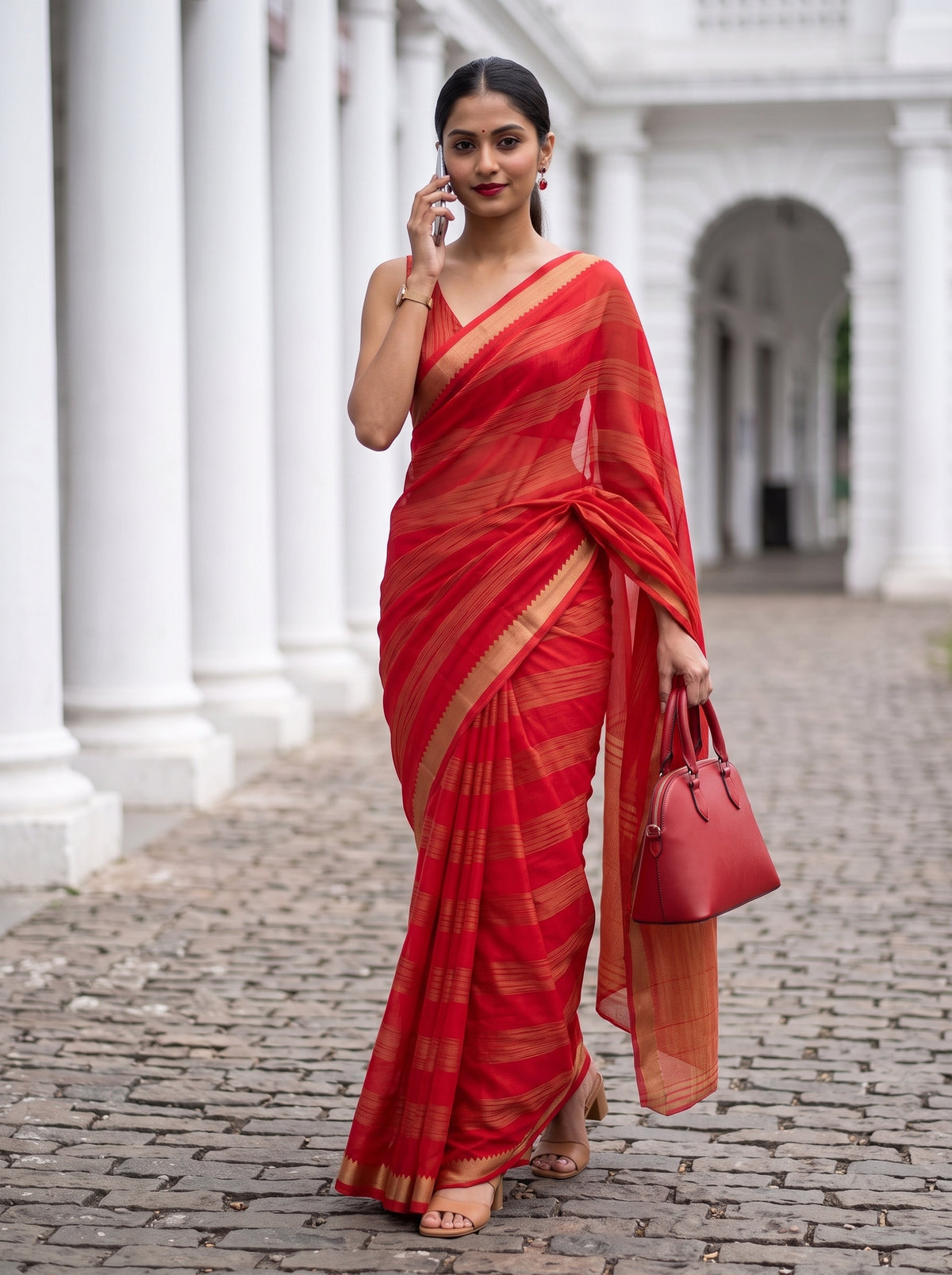MIMOSA Red Mysore Silk Crepe Saree — pose 5 styling detail