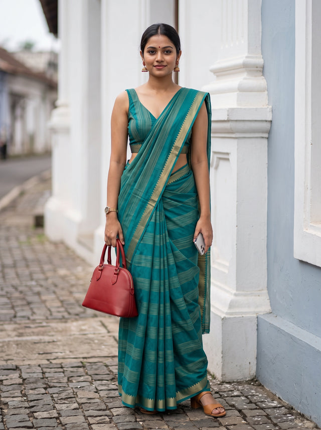 MIMOSA Sapphire Mysore Silk Crepe Saree — AI model lifestyle pose