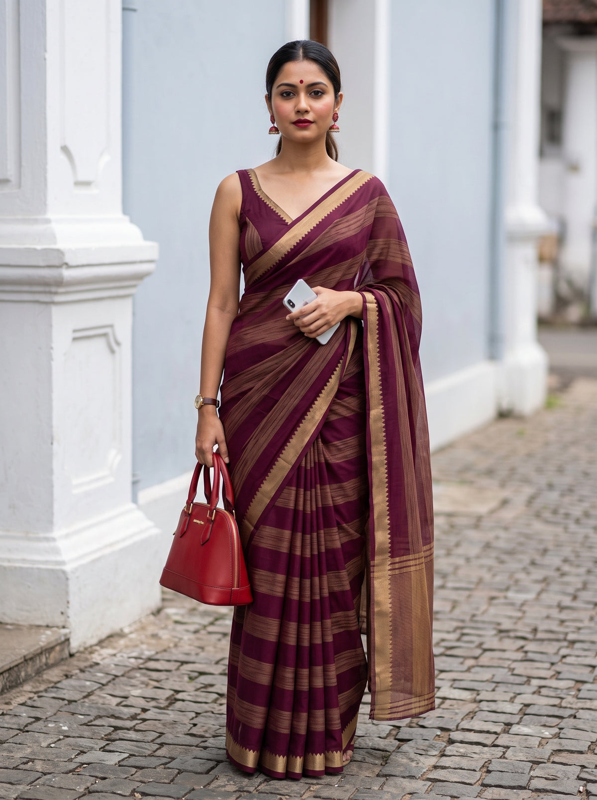 MIMOSA Wine Mysore Silk Crepe Saree — AI model lifestyle pose