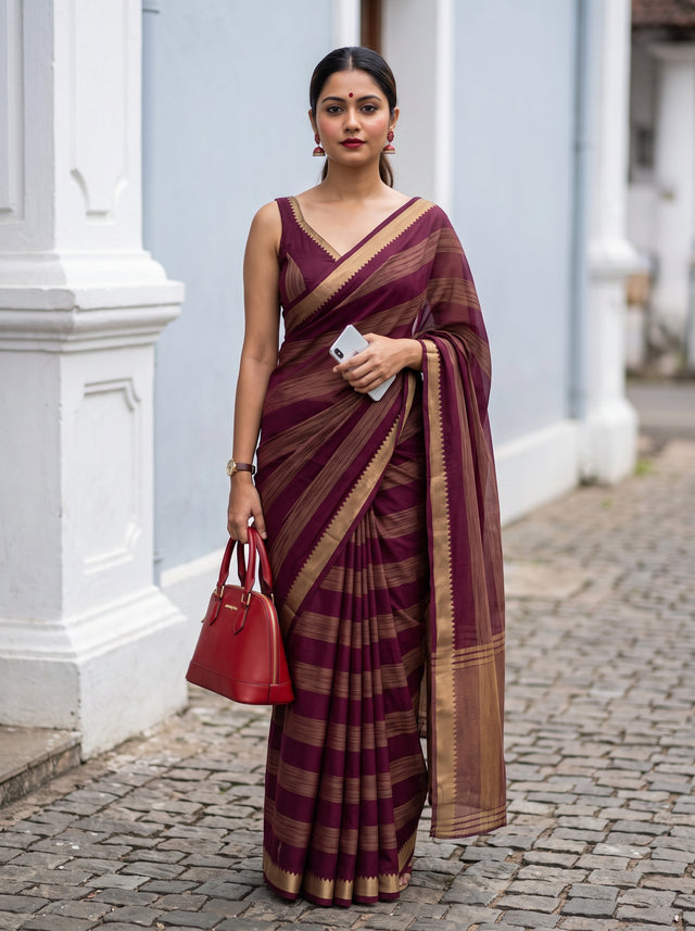 MIMOSA Wine Mysore Silk Crepe Saree — AI model lifestyle pose