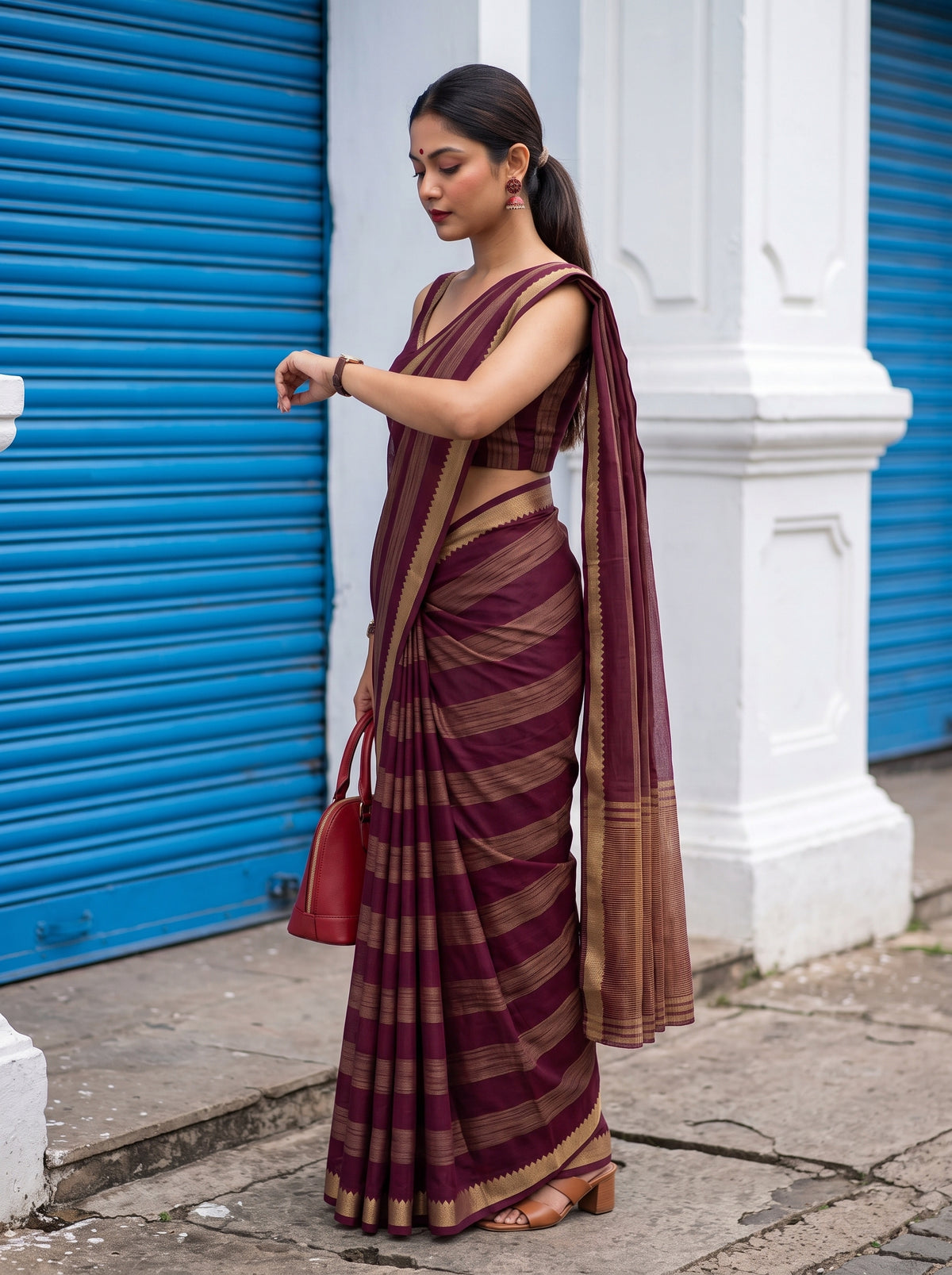 MIMOSA Wine Mysore Silk Crepe Saree — pose 3 styling detail