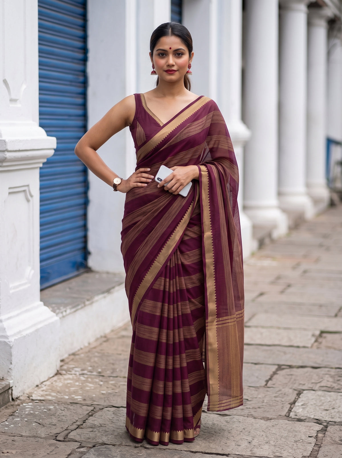MIMOSA Wine Mysore Silk Crepe Saree — pose 4 styling detail