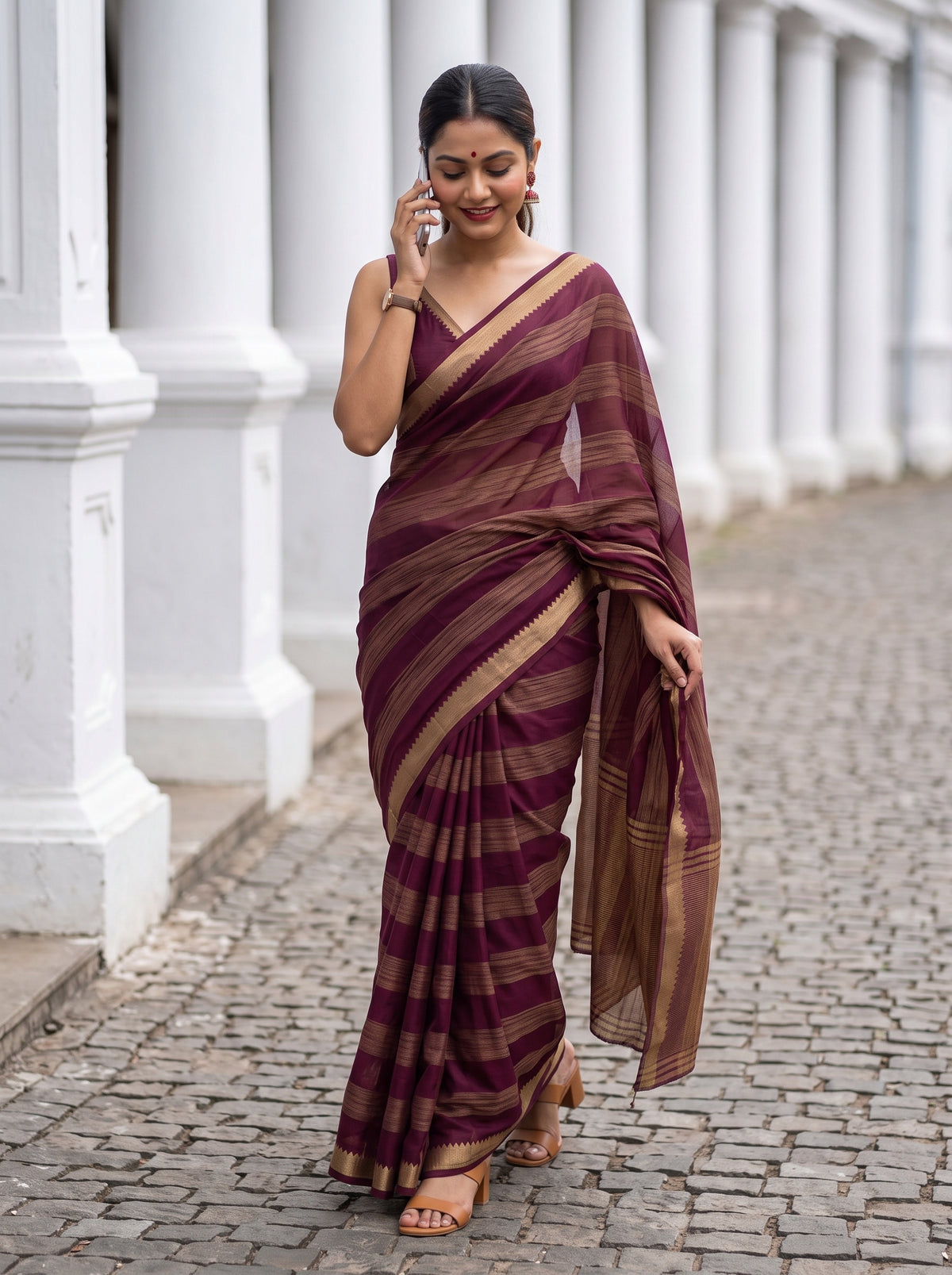 MIMOSA Wine Mysore Silk Crepe Saree — pose 5 styling detail