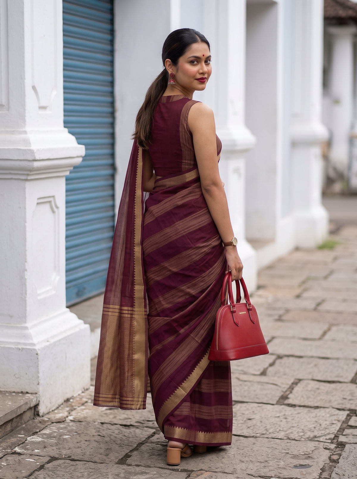 MIMOSA Wine Mysore Silk Crepe Saree — pose 7 styling detail
