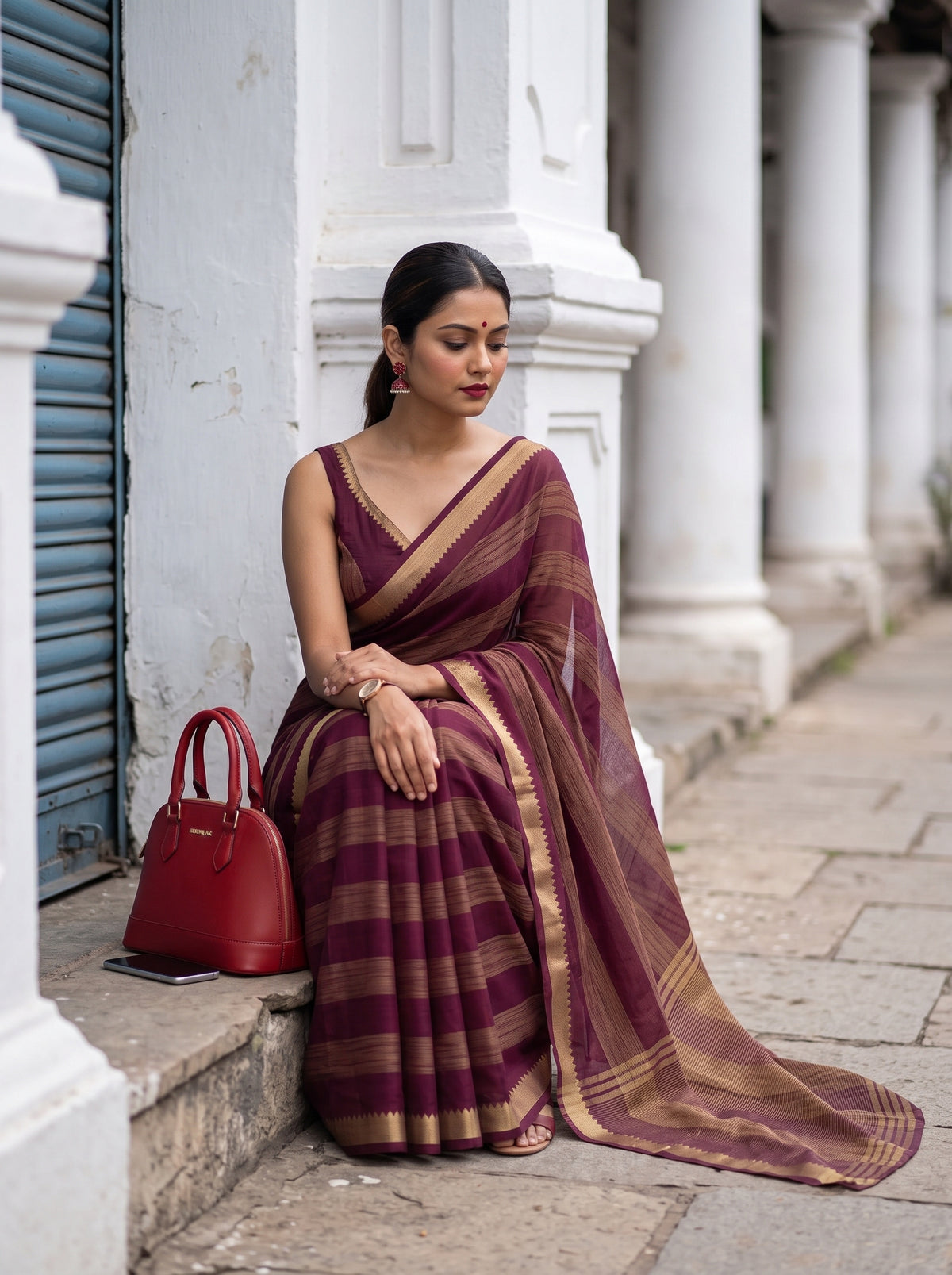 MIMOSA Wine Mysore Silk Crepe Saree — pose 8 styling detail