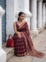 MIMOSA Wine Mysore Silk Crepe Saree — pose 8 styling detail