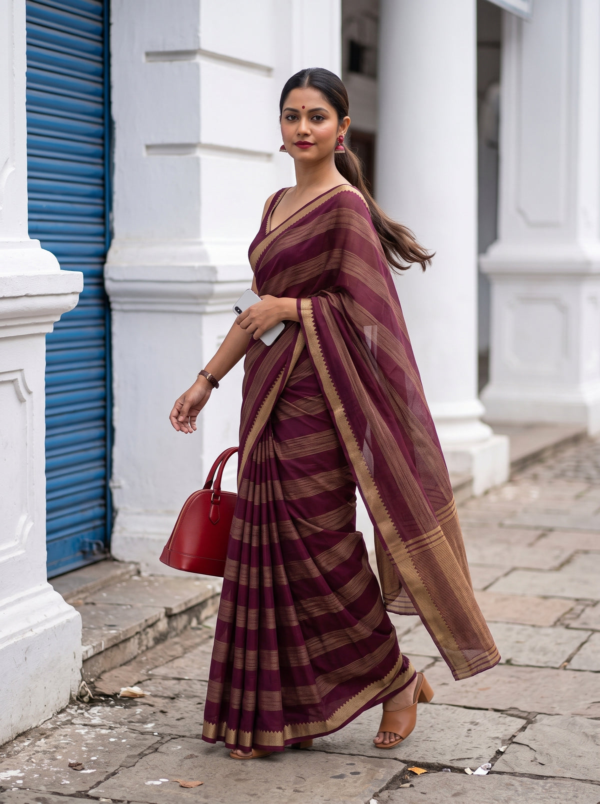 MIMOSA Wine Mysore Silk Crepe Saree — pose 9 styling detail