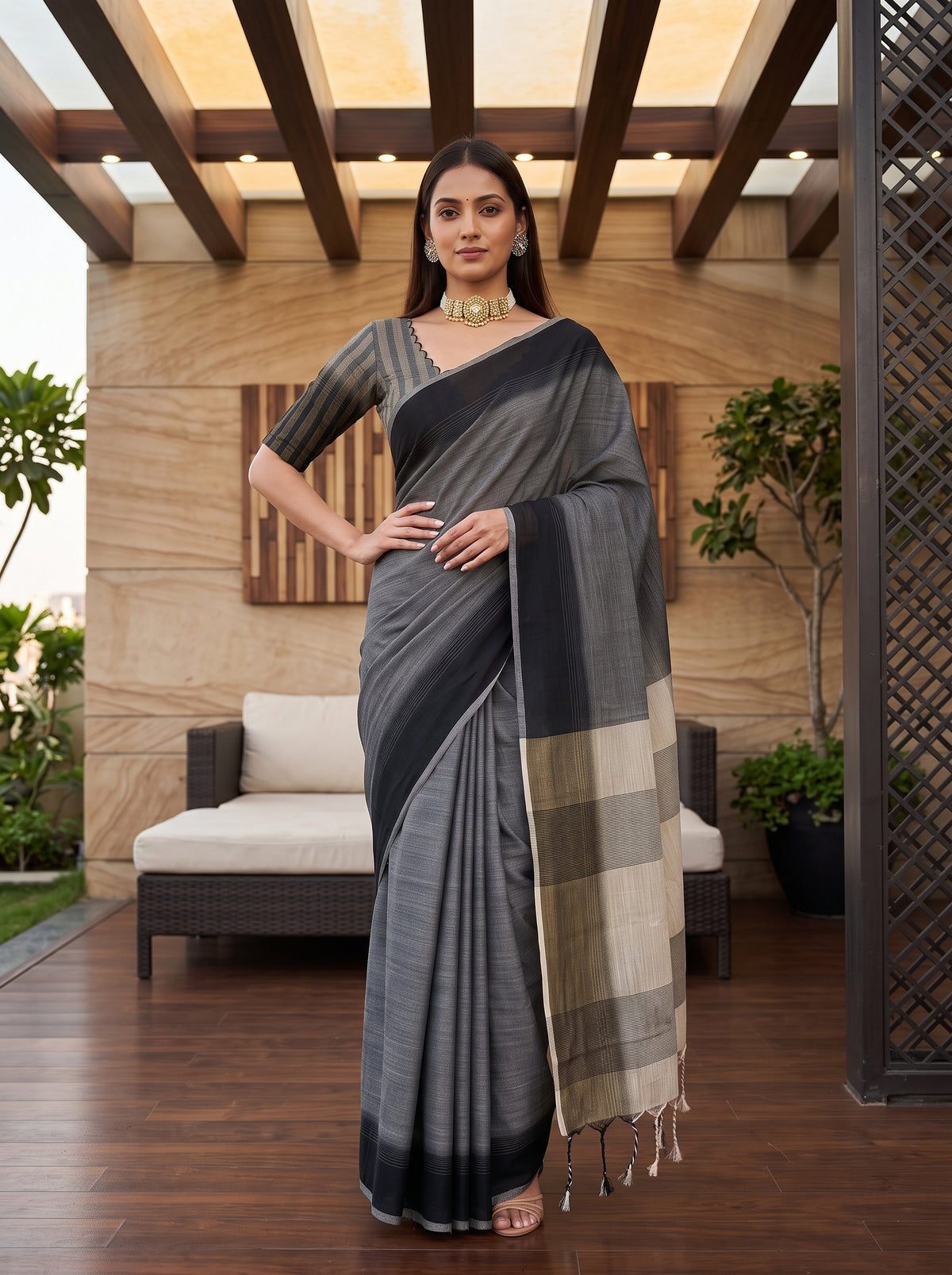 MIMOSA Black Banarasi Saree — pose 4 styling detail