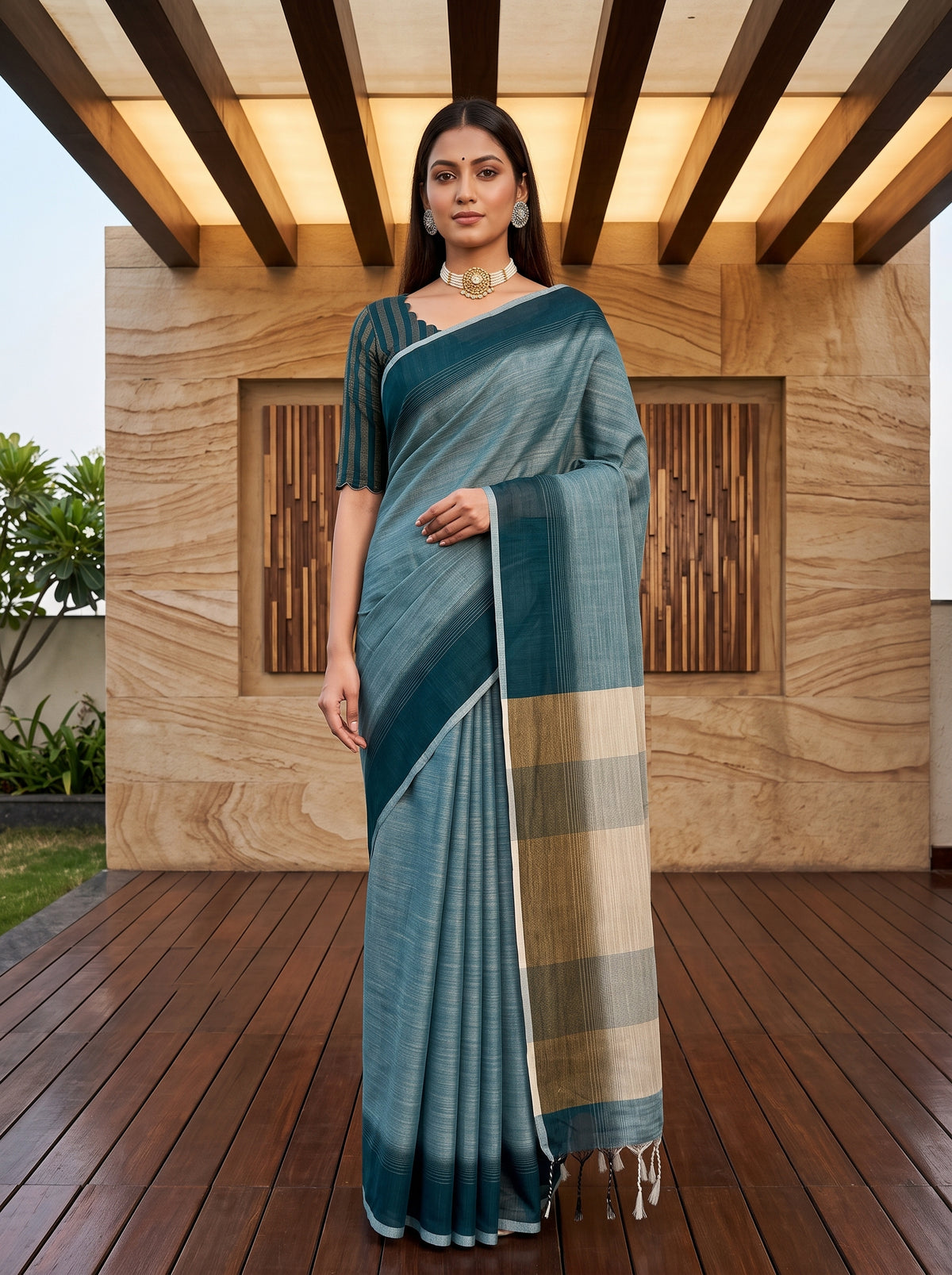 MIMOSA Blue Banarasi Saree — front view on mannequin