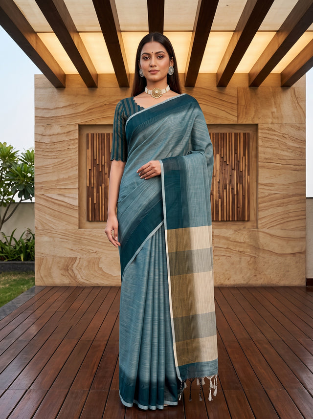 MIMOSA Blue Banarasi Saree — front view on mannequin
