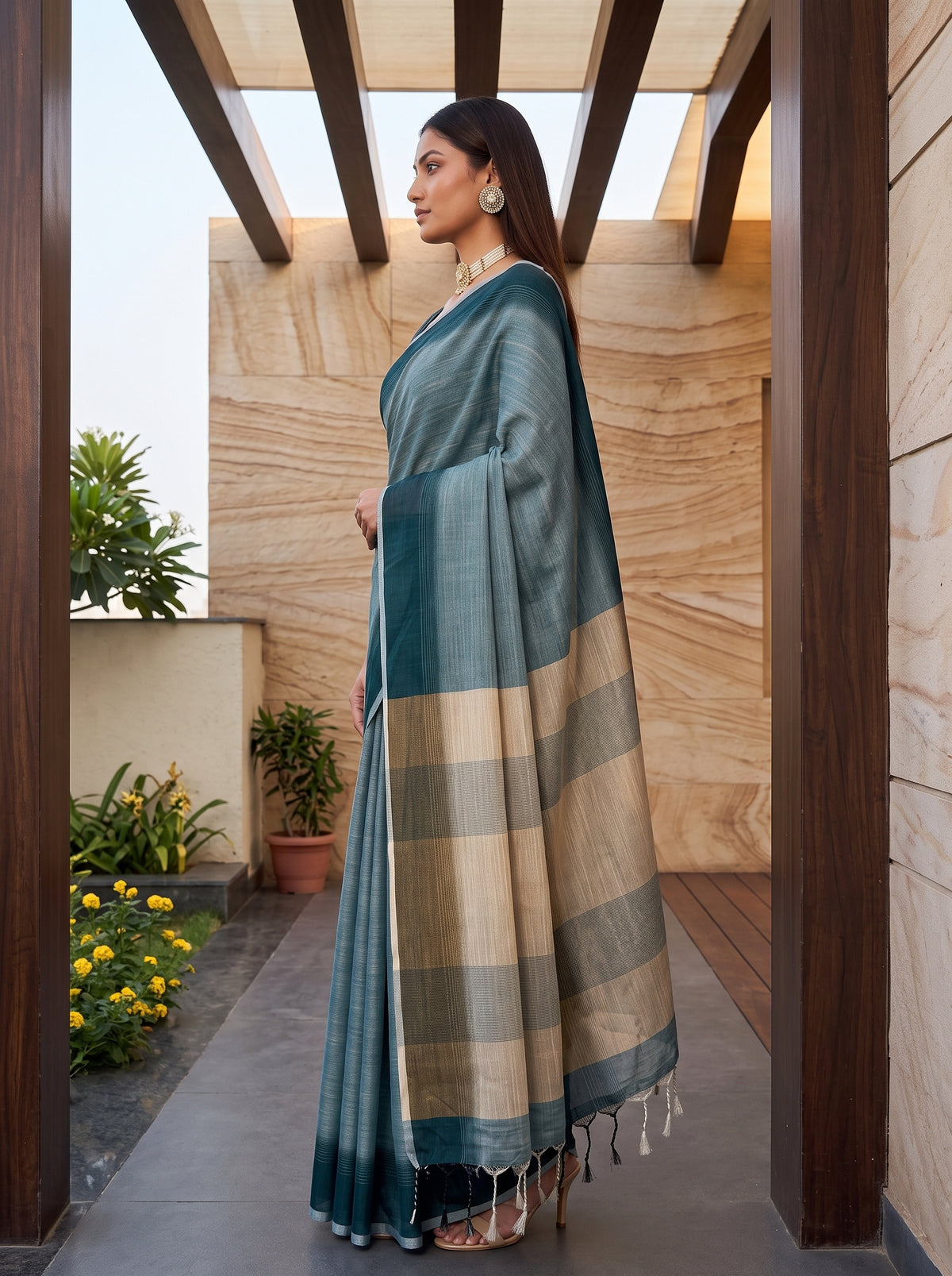 MIMOSA Blue Banarasi Saree — pose 3 styling detail
