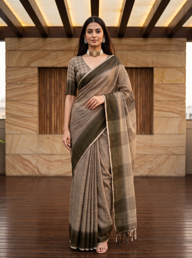 MIMOSA Chiku Banarasi Saree — front view on mannequin