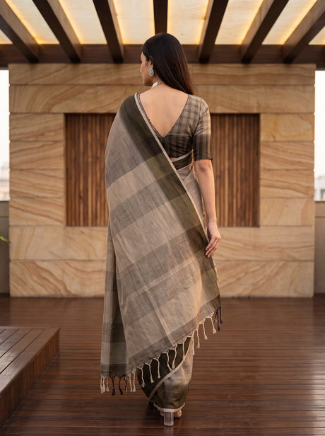 MIMOSA Chiku Banarasi Saree — pose 2 styling detail