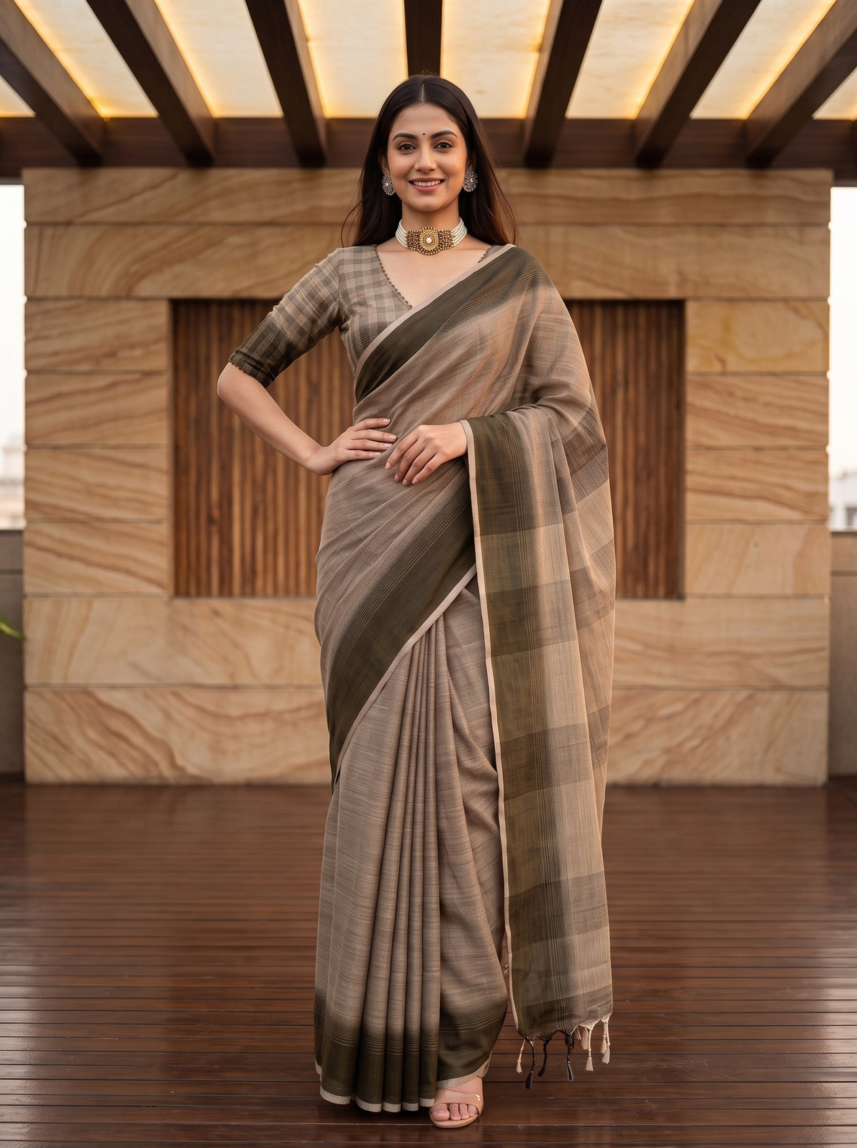 MIMOSA Chiku Banarasi Saree — pose 4 styling detail