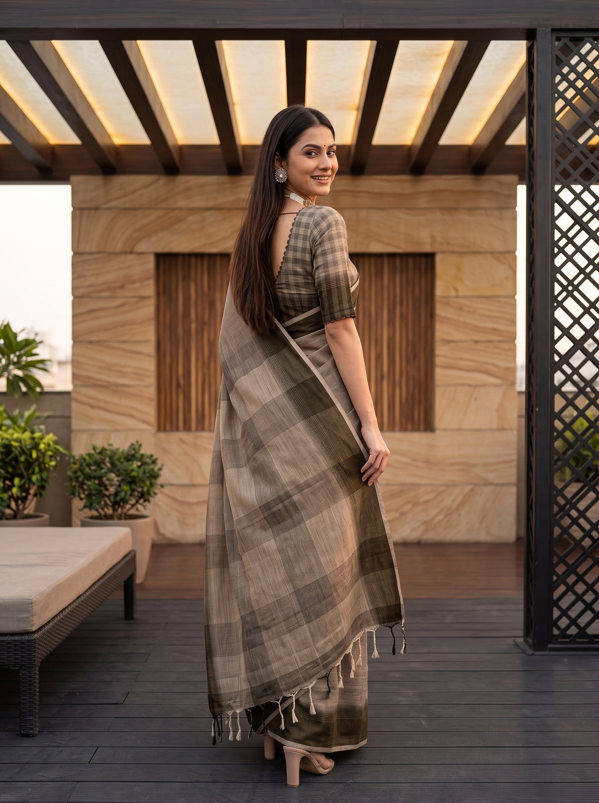 MIMOSA Chiku Banarasi Saree — pose 7 styling detail