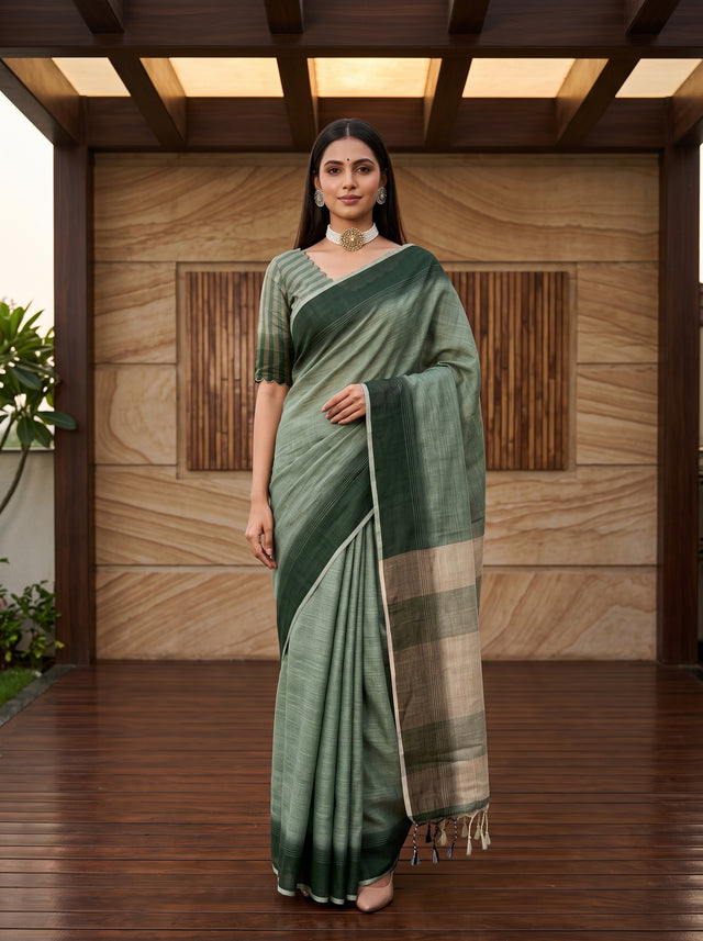 MIMOSA Green Banarasi Saree — front view on mannequin