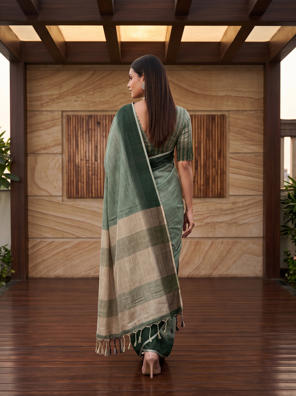MIMOSA Green Banarasi Saree — pose 2 styling detail