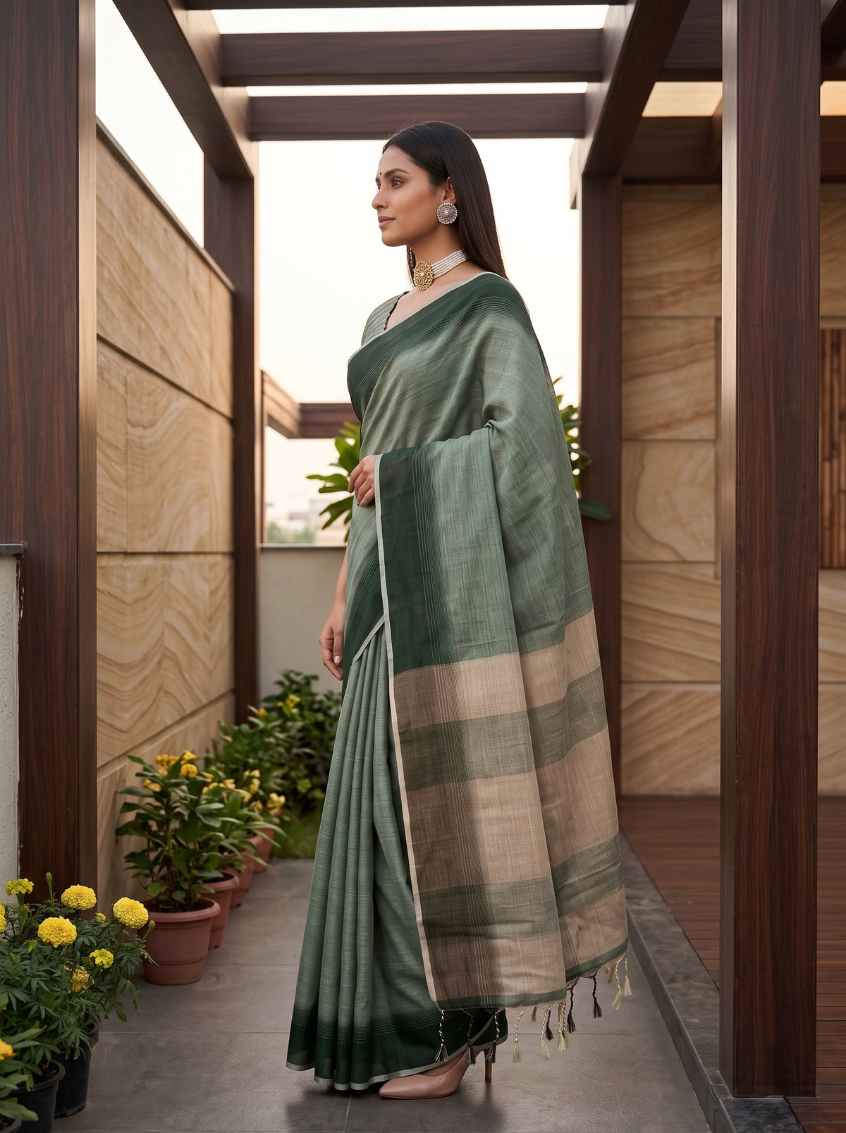 MIMOSA Green Banarasi Saree — pose 3 styling detail