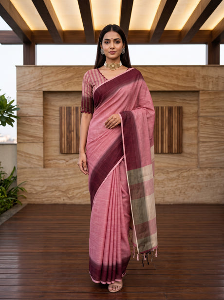 MIMOSA Strawberry Banarasi Saree — front view on mannequin