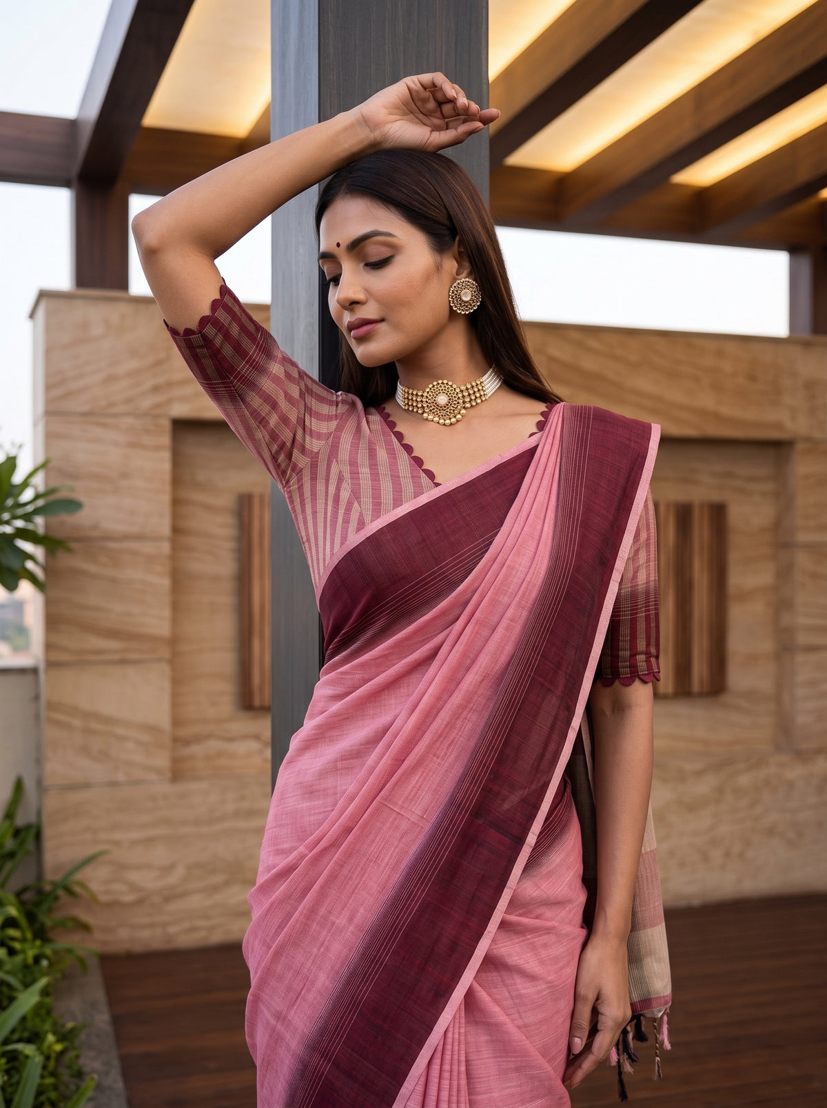 MIMOSA Strawberry Banarasi Saree — pose 10 styling detail