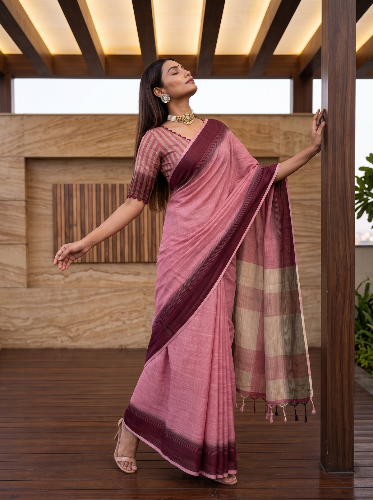MIMOSA Strawberry Banarasi Saree — pose 5 styling detail