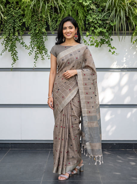 MIMOSA Brown Banarasi Cotton Saree — AI Model lifestyle pose