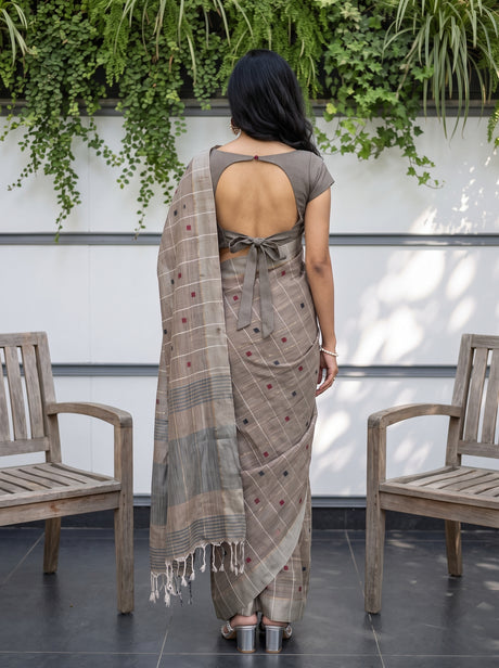 MIMOSA Brown Banarasi Cotton Saree — Saree shot pallu and body