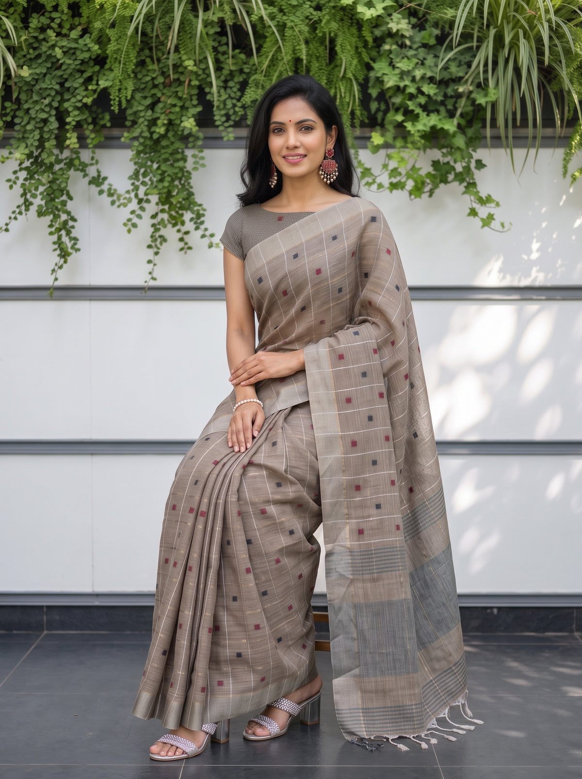 MIMOSA Brown Banarasi Cotton Saree — pose 8 styling detail