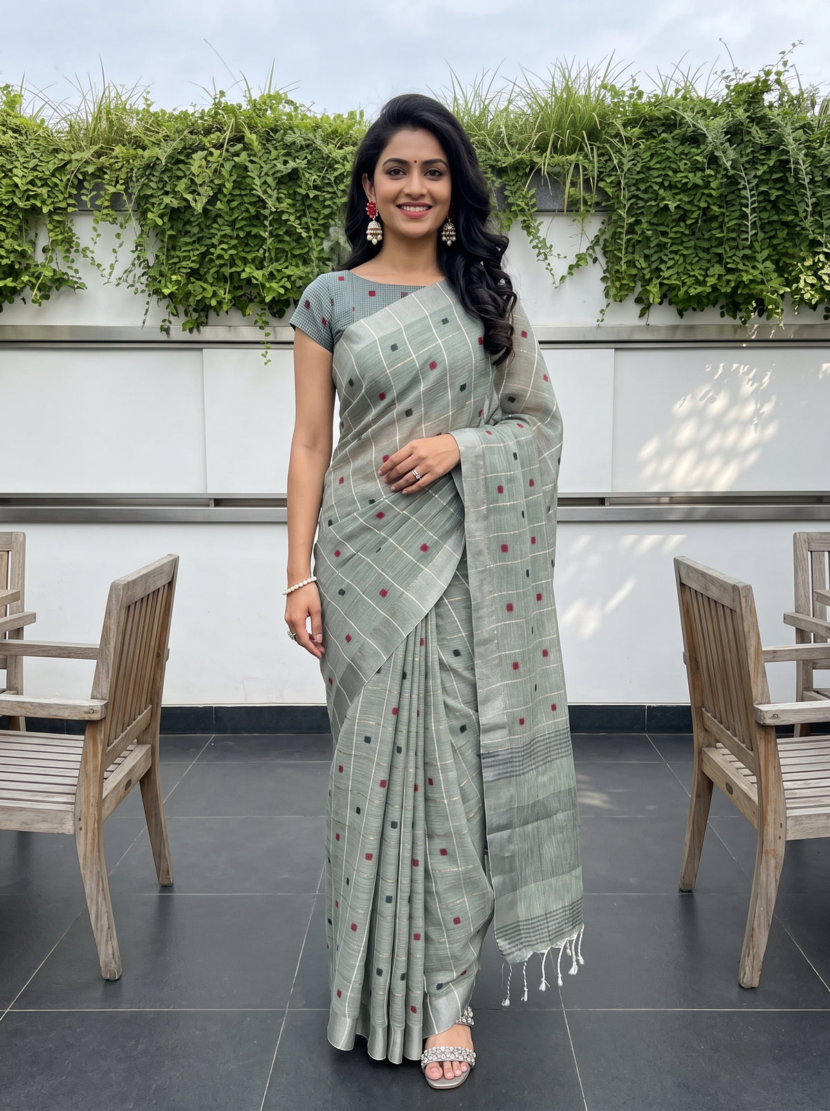 MIMOSA Green Banarasi Cotton Saree — AI Model lifestyle pose