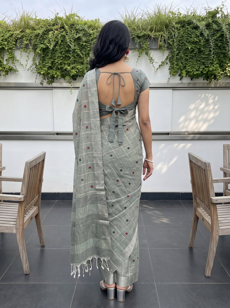 MIMOSA Green Banarasi Cotton Saree — Saree shot pallu and body