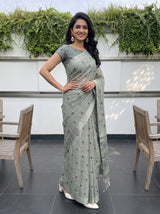 MIMOSA Green Banarasi Cotton Saree — pose 4 styling detail