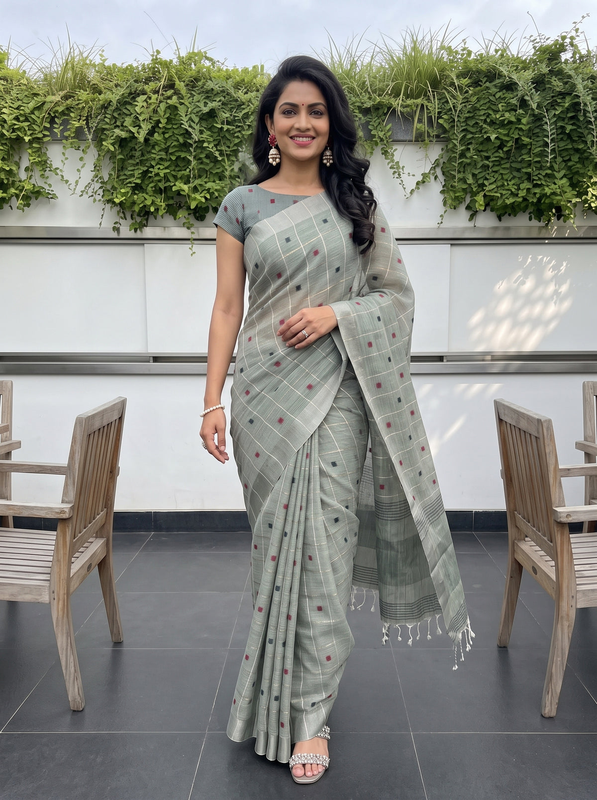 MIMOSA Green Banarasi Cotton Saree — pose 6 styling detail