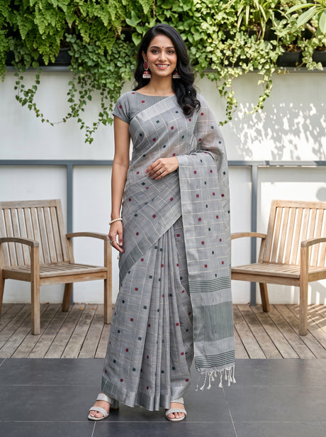 MIMOSA Grey Banarasi Cotton Saree — AI Model lifestyle pose