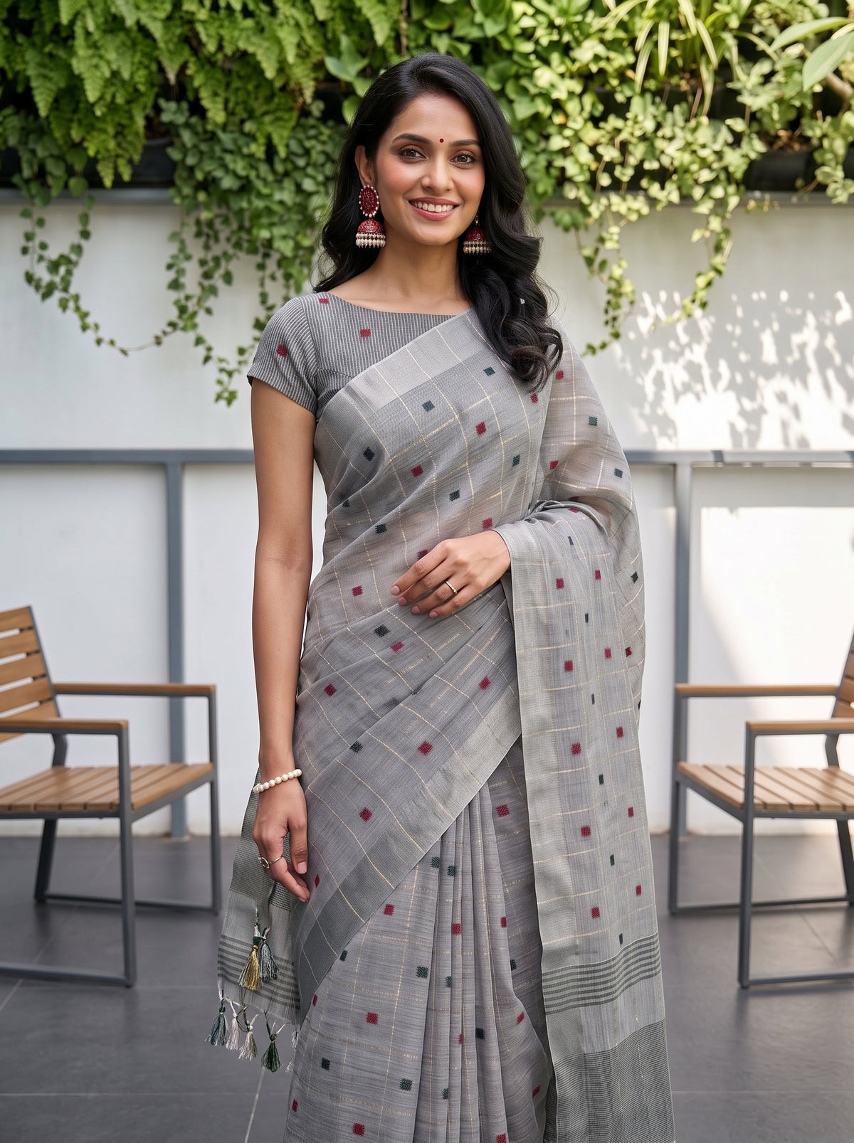 MIMOSA Grey Banarasi Cotton Saree — pose 10 styling detail