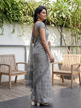 MIMOSA Grey Banarasi Cotton Saree — pose 3 styling detail