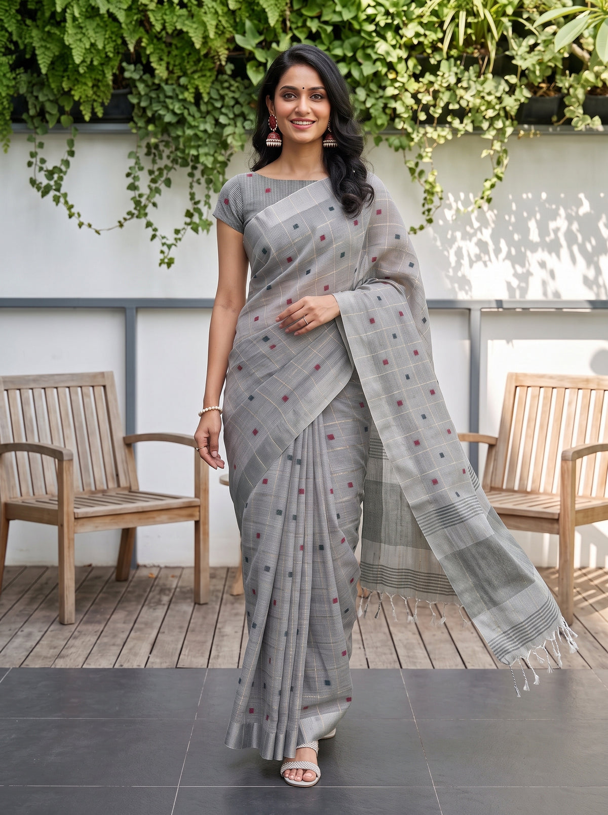 MIMOSA Grey Banarasi Cotton Saree — pose 6 styling detail