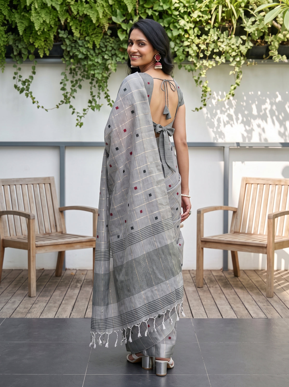 MIMOSA Grey Banarasi Cotton Saree — pose 7 styling detail