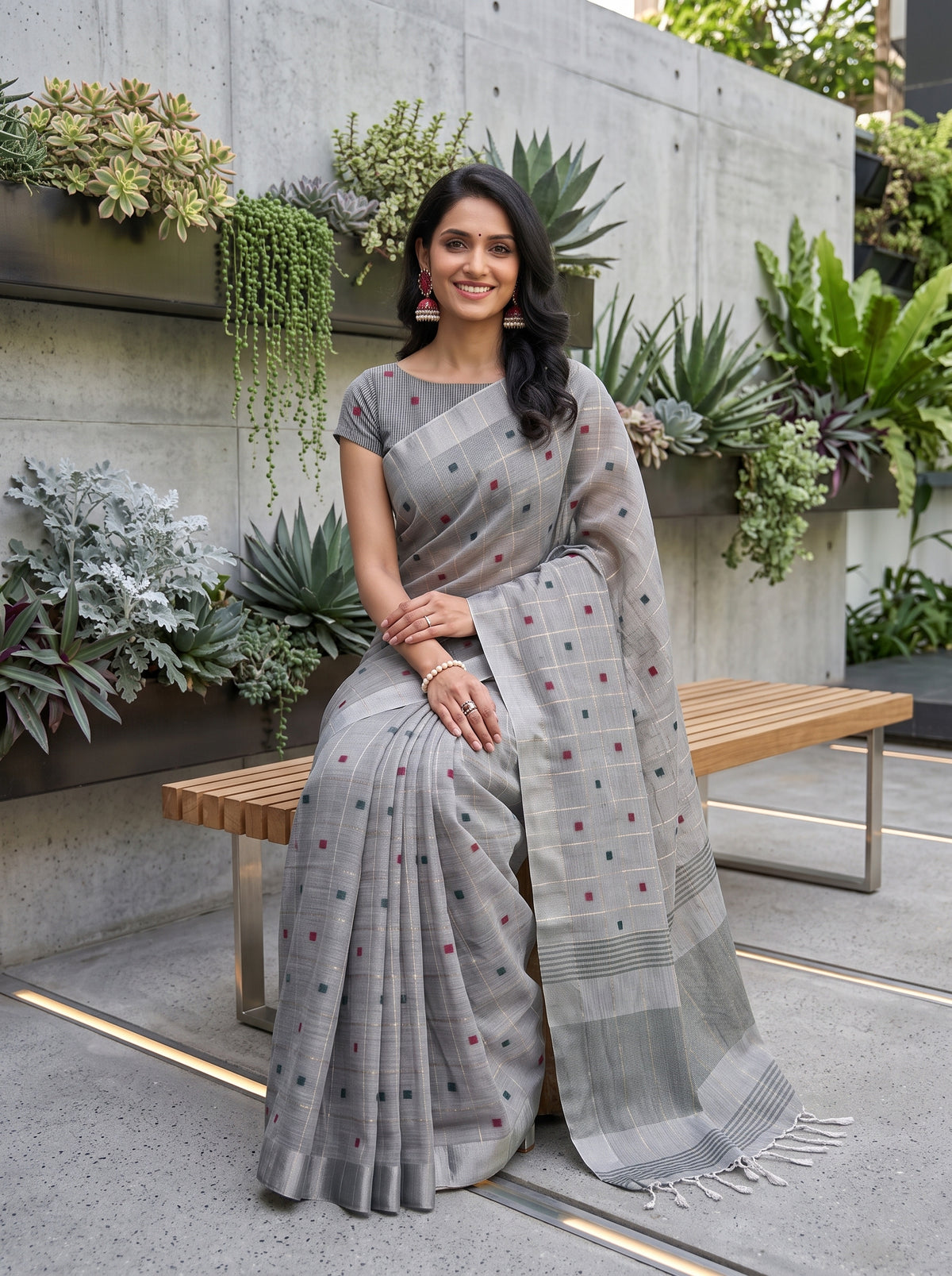 MIMOSA Grey Banarasi Cotton Saree — pose 8 styling detail